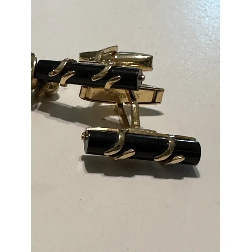 Vintage Emmons Cufflinks Tie Tack Pin Black Onyx gold tone Mid Century Wedding